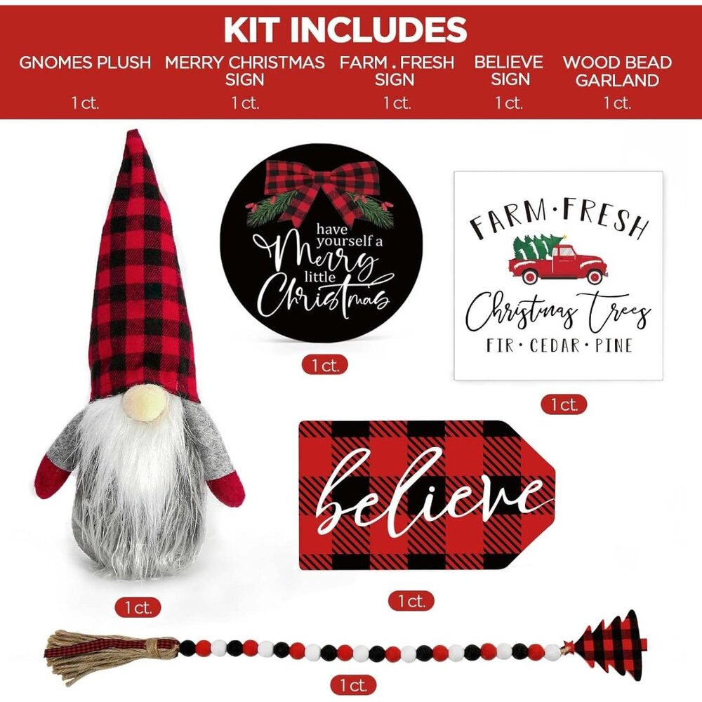 New Believe Merry Christmas Wooden Signs & Buffalo Plaid Gnomes Plush Set Decor - Picture 3 of 6